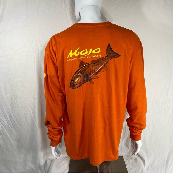 Mojo Men’s Saltwater Red Fish  Long Sleeve Orange Cotton Tee - Picture 3 of 6